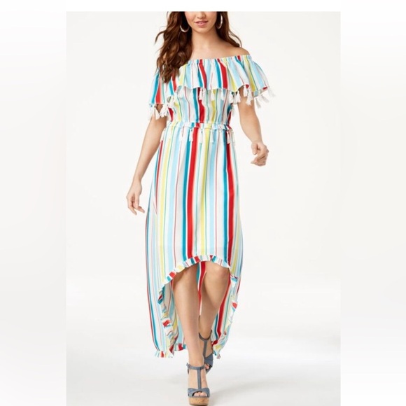 XOXO Dresses & Skirts - XOXO Off Shoulder Multicolor Striped High Low Maxi Dress Tassle Trim Boho Size M